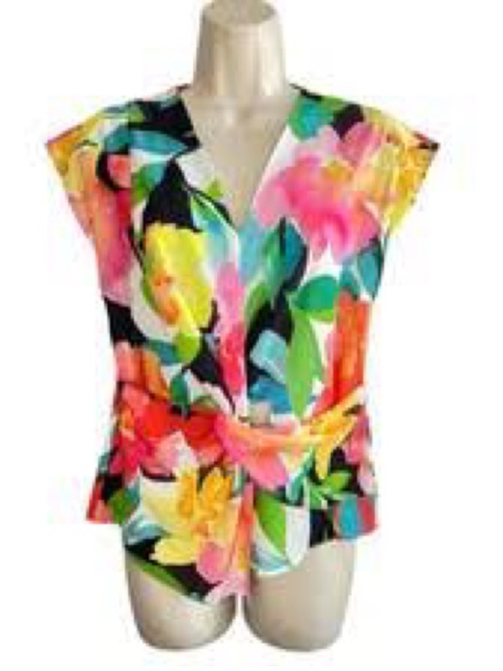 Joseph Ribkoff Bright Multicolor Floral V-Neck Cap Sleeve Top
